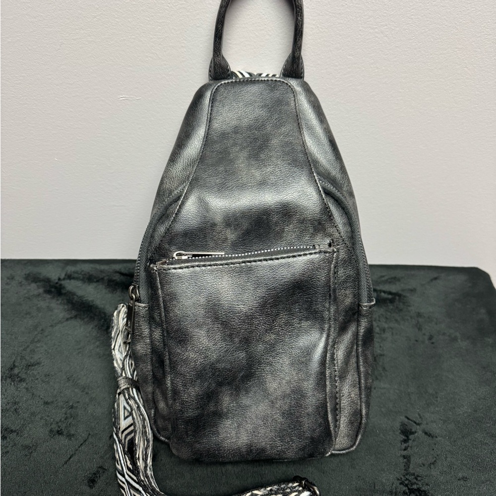 Vegan Leather Sling Mini Backpack Purse with Patterned Strap